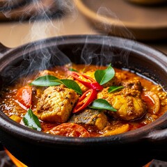 Sri Lankan fish curry simmering in clay pot with spices, rustic kitchen, rich cultural food heritage.