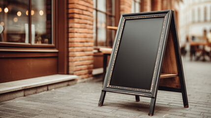 An elegant chalkboard sign stands on a cobblestone street, framed by warm brick walls and cozy bistro vibes, inviting patrons to step inside.