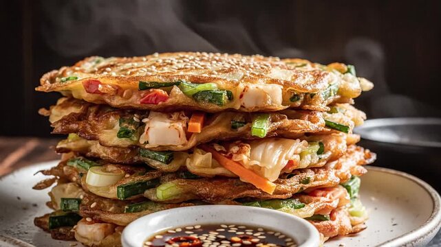 Stacked savory pancakes layered with vegetables and sesame, served with a tangy dipping sauce plate