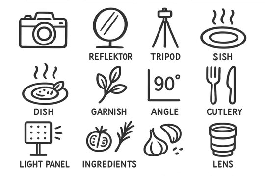 Photography and culinary tools: camera, reflector, tripod, sish, dish, garnish, cutlery, light panel.