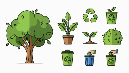 A vector graphic illustration of eco-friendly icons including trees, plants, and recycling symbols