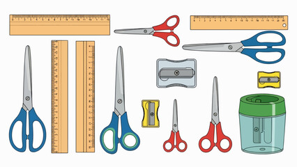 A colorful illustration of various school supplies and office tools on a white background