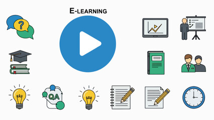 A vector graphic illustration of e-learning icons and symbols on a white background