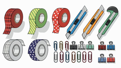 A colorful vector graphic illustration of office supplies including paper clips, binder clips, and tape