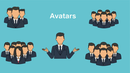 A vector graphic illustration of business avatars in various group settings on a blue background