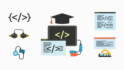 A vector graphic illustration of a graduation cap and coding symbols representing education and programming skills