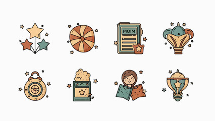 A colorful vector graphic illustration of various achievement icons and symbols