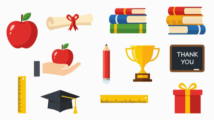 A colorful vector graphic illustration of various educational icons and symbols