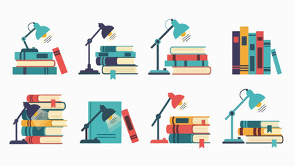 A colorful vector graphic illustration of various desk lamps and stacks of books in a modern educational setting