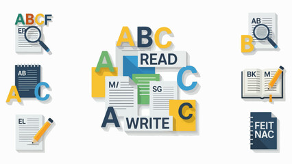 A colorful vector graphic illustration of various educational icons and symbols surrounding a central collage of reading and writing related graphics.
