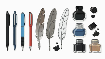 A set of colorful writing instruments and ink bottles in a flat vector illustration