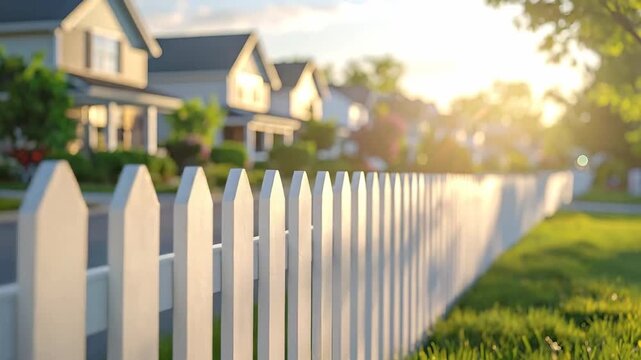 White picket fence stretches along a suburban street at sunset, creating a peaceful neighborhood scene.