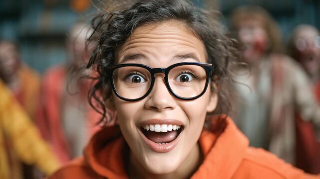 Surprised Woman with Glasses Reacting to Shocking Scene