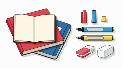 A colorful vector illustration of school supplies including notebooks and pens