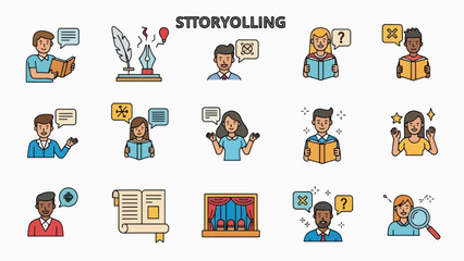 A colorful vector graphic illustration of people storyrolling with speech bubbles and thought clouds