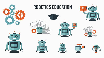 A vector graphic illustration of robots and education elements for robotics education