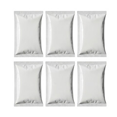 Sachet blank white packaging pouches isolated on transparent background