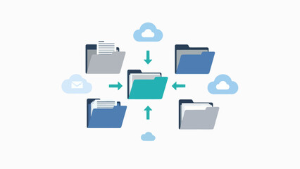 A vector graphic illustrating cloud storage and file synchronization with folders and clouds
