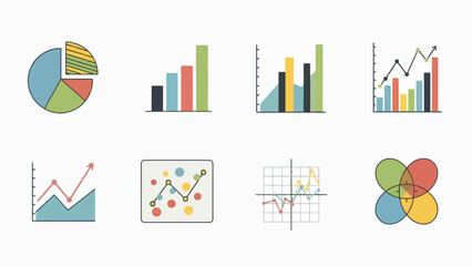 A set of colorful vector graphic icons depicting various charts and graphs used for data analysis and business presentations