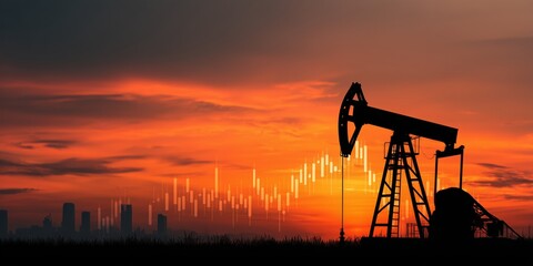 Oil pump jack silhouette against vibrant sunset sky with financial graph overlay concept