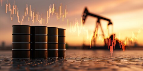Oil barrels stacked on ground with digital graph overlay representing market trends and fluctuations