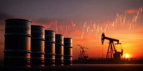 Oil barrels lined up against sunset with stock market trend graph overlaying the scene