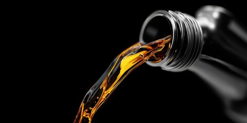 Liquid pouring from a bottle creating dynamic splash against a dark background