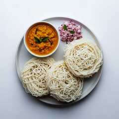 Sri Lankan string hoppers with coconut sambol and dhal curry, top view, clean authentic food style.