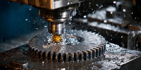 Precision machining process with water cooling on metal gear in industrial workshop setting