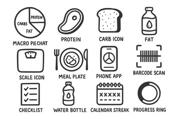 Macro diet icons set with nutrition and fitness symbols.