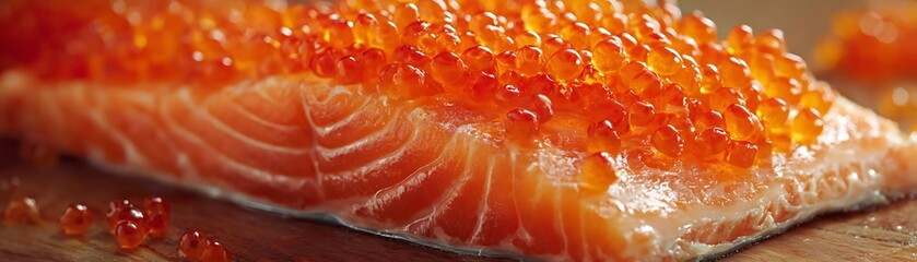 Fresh fillet of pink fish generously topped with glistening orange roe