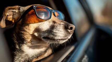 Small canine companion enjoys sunshine while leaning out of a moving vehicle window