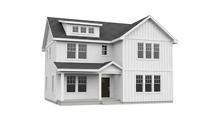 White two story farmhouse style house with dark windows and gray roof home residential
