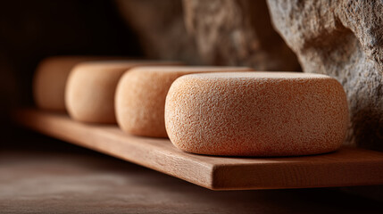 Cheese wheels aging on wooden board in traditional storage, artisan dairy products with natural rind texture for gourmet food concept