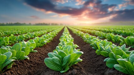 Vast sustainable agriculture field evenly spaced green crops under soft sunlight eco friendly farming landscape soil conservation and responsible food production concept