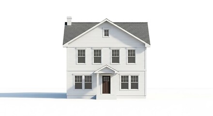 White two story house with gray roof and dark brown door on white background home building