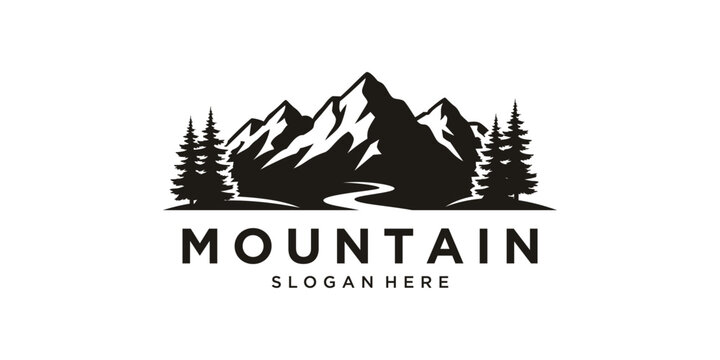 Mountain landscape logo with pine trees and river