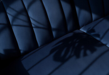blue leather sofa. A beautiful light on a blue couch with a monstera shadow on it