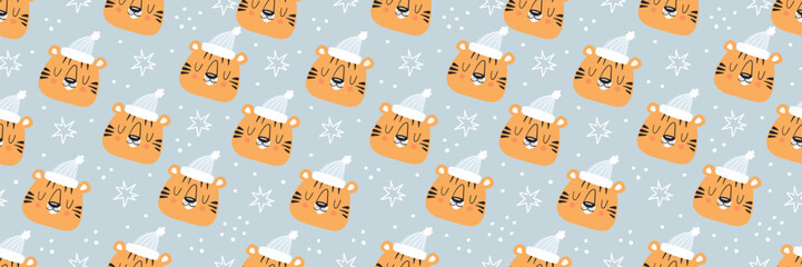 Cute tiger pattern with Christmas elements. Seamless animal design featuring baby cats in festive winter attire. Perfect for kids holiday decor and seasonal gift wrap.
