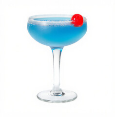 blue cocktail with cherry.  juice served in a martini glass. Isolated on a white background.
