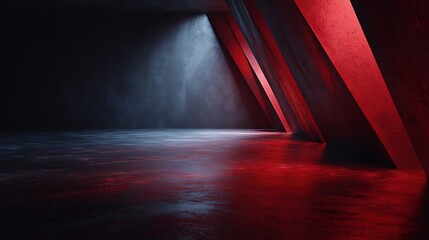 Dark industrial space illuminated by contrasting blue and red stage lighting
