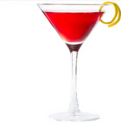 red martini cocktail. Cranberry juice served in a martini glass with a lemon garnish. Isolated on a white background.