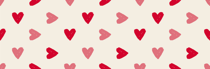 Seamless Valentine pattern with watercolor hearts in pink, red and white tones. Cute romantic background perfect for February celebrations, greeting cards, gift wrap, or love themed designs.