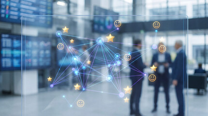 digital rating stars feedback, business technology interface, corporate social media connection, modern office data analysis visualization, blurry connectivity concept.