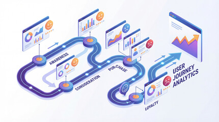 User journey analytics isometric infographic, customer marketing funnel roadmap, awareness consideration purchase loyalty stages, business data analysis strategy, digital experience flowchart path.