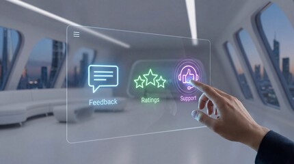 Futuristic user interface touch screen with feedback ratings and support icons, virtual reality customer service hologram, smart city skyline office view, innovative digital technology concept.