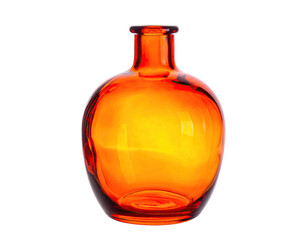 A vibrant, orange-hued glass vase, perfectly round, with a long slender neck, set against black