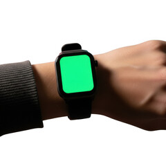 Smartwatch with green screen on wrist isolated on transparent background