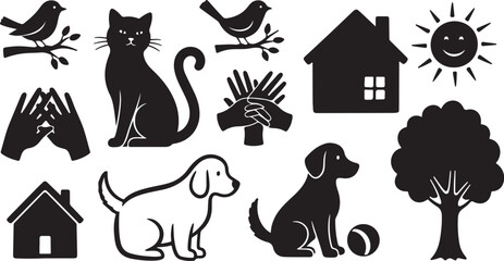 Black and white animal icons with houses and trees