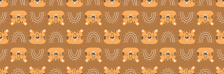 Seamless tiger pattern with cute boho jungle animals. Playful cartoon safari print perfect for kids' textiles, wallpaper, and contemporary apparel designs.
